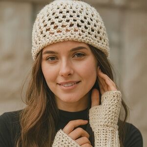 Handmade Crochet Beanie Cap with matching fingerless gloves